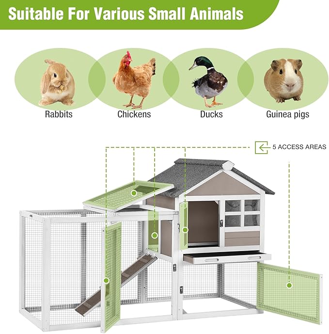 Rabbit Hutch Indoor or Outdoor, Wooden Bunny Cage with Chew-Proof Ramp, Mobile Rabbit House with Wheels, Guinea Pig Cages with Leakproof Tray and Waterproof Roof (Brown)