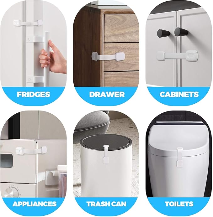 Child Safety Strap Locks for Cabinet, Fridge, Ovens, Toilet, Drawer, Trash can etc with Strong Adhesive Not Easy to Fall Off, Adjustable Length, 4 Packs
