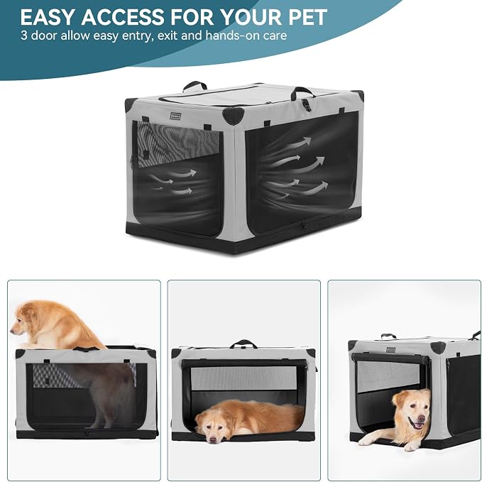 PETSFIT 36" Soft Portable Dog Crate – Patented Spiral Sturdy Frame, Collapsible Travel Kennel for Medium & Large Dogs, 3 Mesh Door, Lockable Zippers, Indoor & Car Use Gray