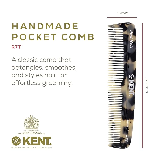 Kent R7T TW Fine and Wide Tooth Hair Comb, Handmade Pocket Comb for Men, Beard and Mustache Combs for Everyday Grooming and Styling, Sawcut Kent Combs, Made in England