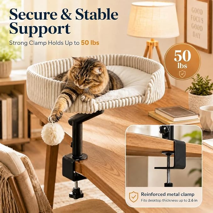 Cat Desk Bed with 3 Mats for All Seasons, 360° Rotating Adjustable | Clamp-On Desk Cat Bed with Reversible Plush Cushion, Sisal Scratch Mat, Cooling Mat & Hanging Ball, Supports 50 lbs, White