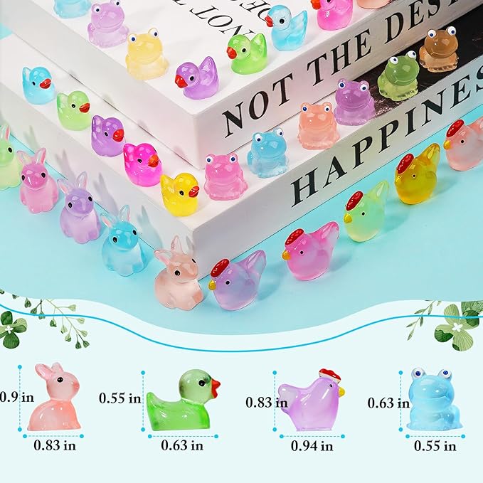 Mini Resin Animals to Hide 72 PCS Luminous Tiny Miniature Figurines Bulk Glow in The Dark Include Little Ducks Small Chicken Rabbits Frogs for Garden Micro Landscape Aquarium Potted