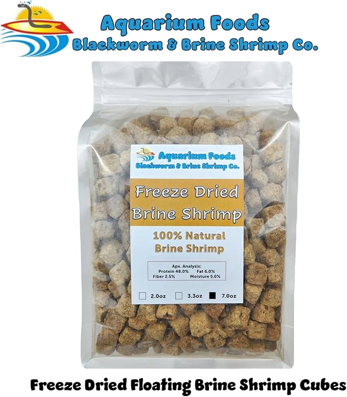 Aquatic Foods Inc. Brine Shrimp, Freeze Dried Floating Brine Shrimp Cubes for All Tropical Fish, Marine Fish, Discus, Cichlids, Koi & Pond Fish, Turtles…7oz Clear Bag