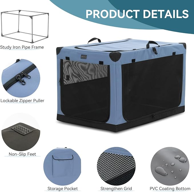 PETSFIT 26" Soft Portable Dog Crate – Patented Spiral Sturdy Frame, Collapsible Travel Kennel for Small Dogs, 3 Mesh Door, Lockable Zippers, Indoor & Car Use Blue
