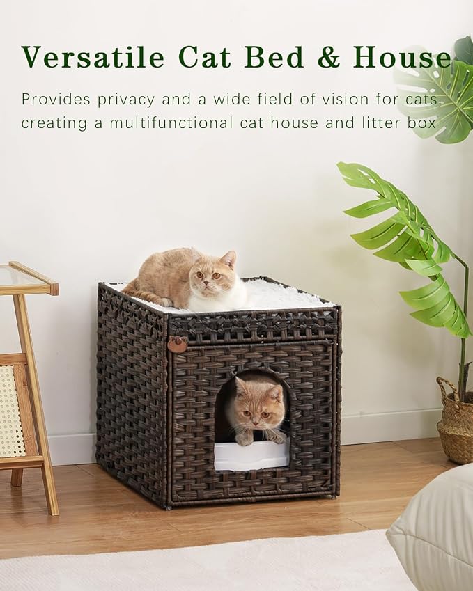 SETVSON Cat Beds for Indoor Cats Extra Large Double PE Rattan, Brown | Spacious Indoor Cat House Condo for Multi-Cats, Dual Layer Hideaway Cave, Reversible Cushion, Collapsible Metal Frame