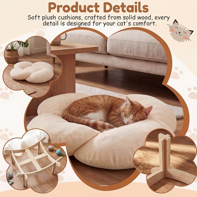 22x22x13 Inch Elevated Flower Cat Bed Wooden with Fluffy Cushion, Pet Couch Sofa for Indoor Cats, Raised Kitty Lounge Chair Suitable for Puppy, Cat Furniture Living Room Bedroom