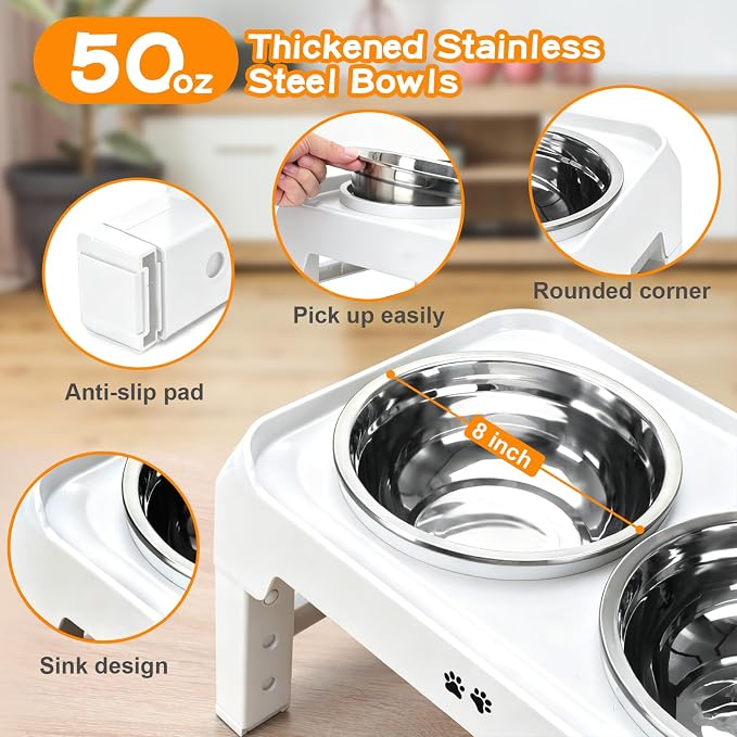 COMESOON Elevated Dog Bowls, 4 Height Adjustable Raised Bowl Stand with 2 Thick 50oz Stainless Steel Food Bowls Non-Slip Feeder Adjusts to 3.7'', 9.2'', 10.75'', 12.36'' White