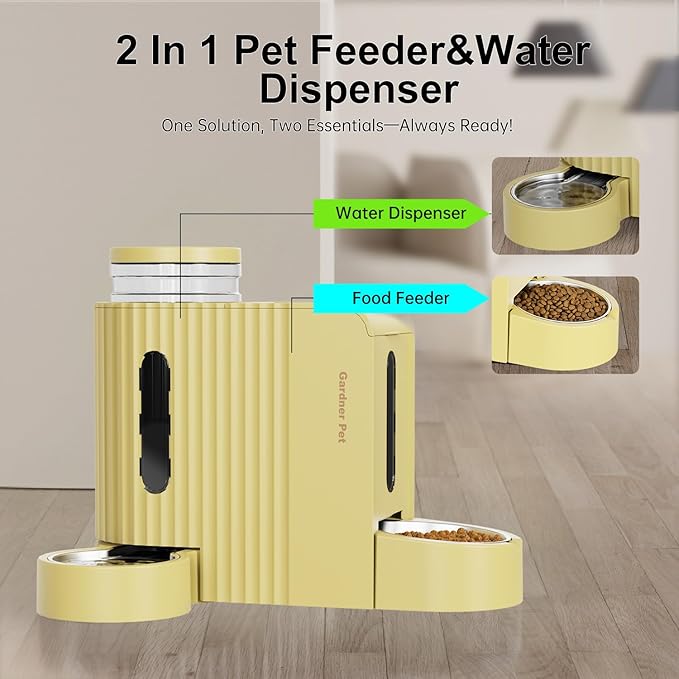 Distributeur automatique de nourriture et d'eau 2-en-1 Gardner Pet, capacité de 3 litres*2, pour chats et chiens, sans BPA, gamelle d'eau en acier inoxydable pour chiens, chats, lapins, chiots (jaune)