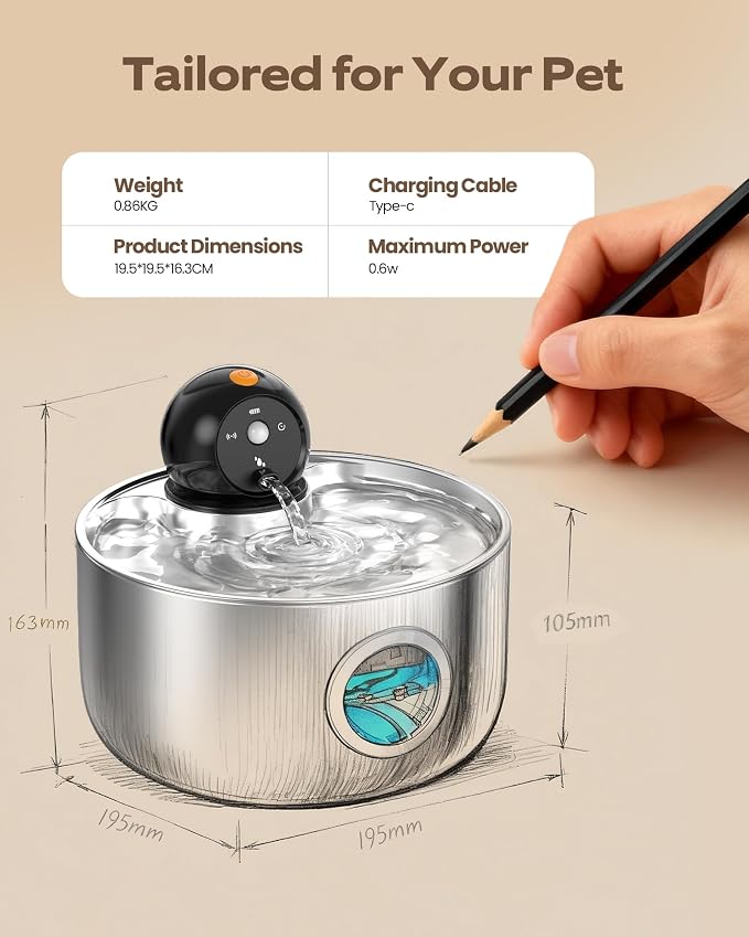 Wireless Cat Water Fountain Cordless: Battery Operated Cat Fountains | 88oz/2.6L Stainless Steel Pet Water Fountain for Drinking with Motion Sensor Rechargeable Automatic Water Dispenser Indoor