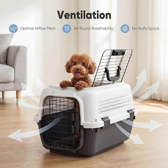 DUMOS 23" Hard-Sided Pet Carrier for Small Dogs & Cats, Airline Approved Travel Crate with Enhanced Security Latches, Front & Top Load Wire Door, Food Bowl for Traveling, Hiking, Camping - White&Black