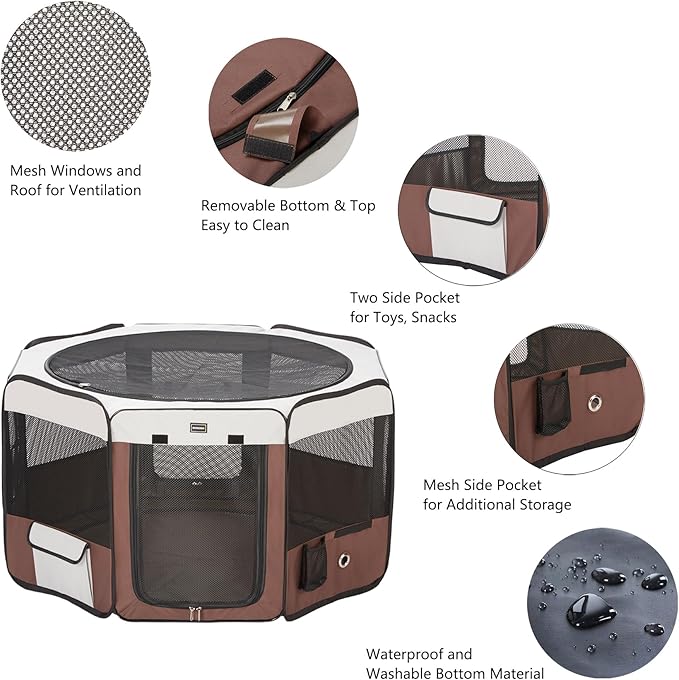 Dog Playpen Portable Pet Play Pens for Small Dog/Cat/Rabbit/Chicks, Cat Playpen Indoor/Outdoor with Carring Case, Removable Zipper Top and Bottom (Brown, Medium (35"x35"x20"), 8)