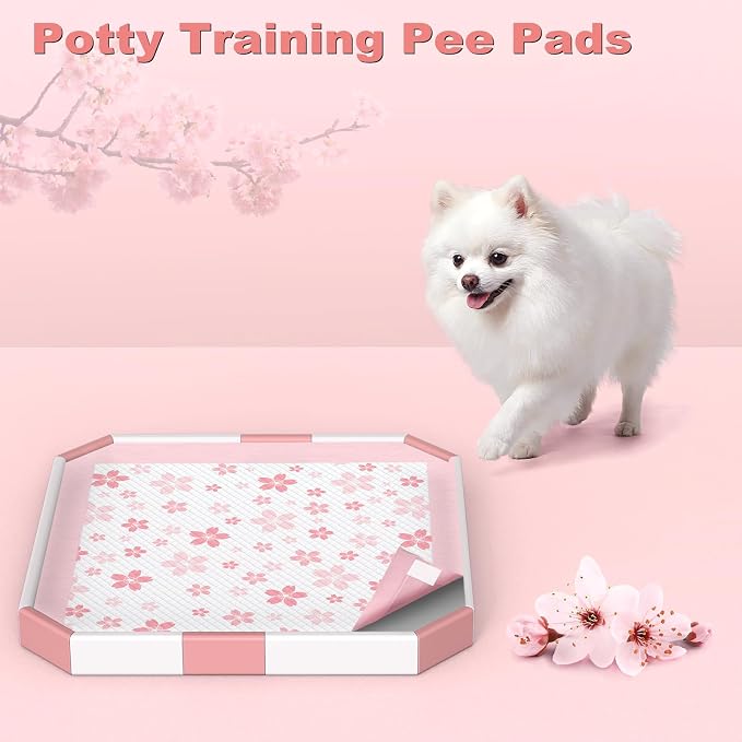 MIZOK Pink Puppy Pads with Adhesive Tabs Wee Wee Pads for Dogs 22x22in 30Ct | Cute Cherry Blossom Designs Feature Pheromone Attractant for Fast Training Small Dog Potty Pads Ideal for Female Puppy Needs