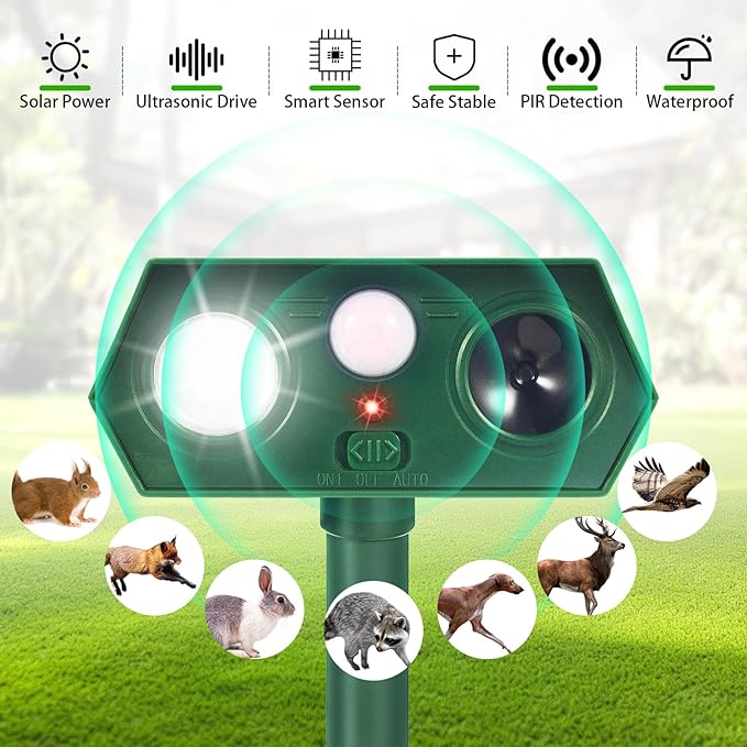 2 Pack Upgraded Solar Ultrasonic Animal Repellent Outdoor Sonic Deer Repellent Devices with Motion Sensor & Flashing Light Effective Cat, Squirrel, Raccoon, Rabbit Deterrent for Yard, Garden