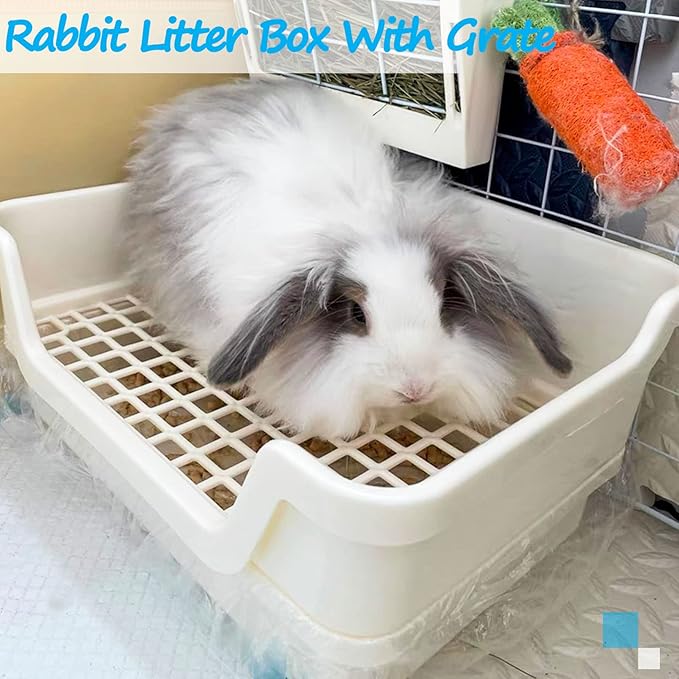 Hamiledyi Extra Large Rabbit Litter Box Pet Corner Toilet Small Animal Potty Trainer Huge Bunny Litter Pan with Plastic Grate Deep Dump Tray for Adult Guinea Pigs Chinchillas Ferrets Galesaurs White