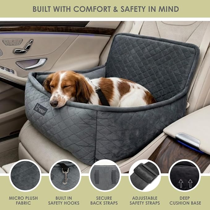 NANDOG Luxury Dog Car Seat Bed for Small Dogs, Micro Plush Pet Seat with Removable & Washable Cushion Insert, Thick Safety Seatbelt Straps, Secure Travel Carrier, Dark Grey, 20" L x 16" W