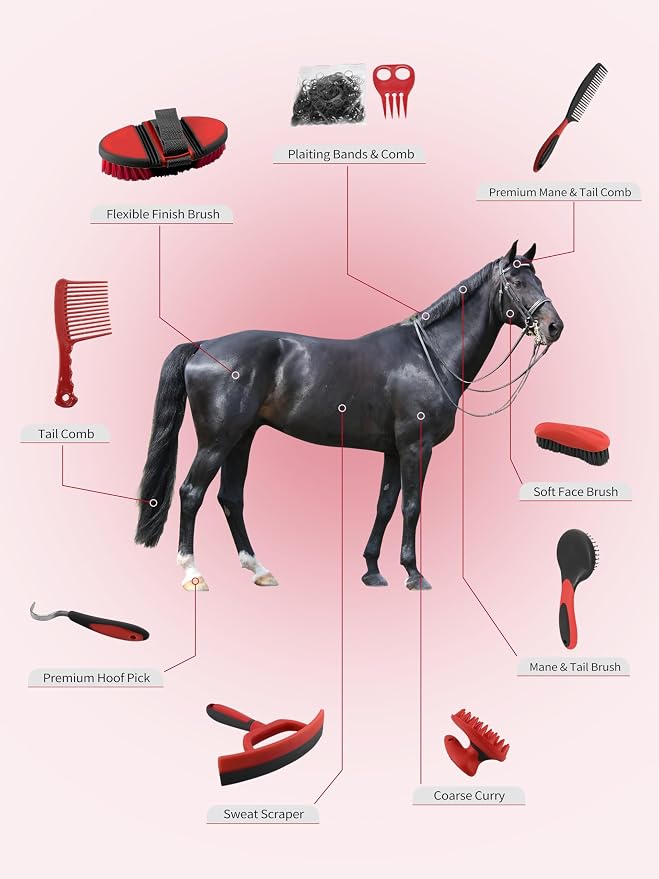 Harrison Howard Horse Grooming Kit 9 Piece with Tote Bag, Non-Slip Horse Brush Set for Shedding, Bathing, Hoof Care, Mane & Tail Grooming, Equine Grooming Supplies Red