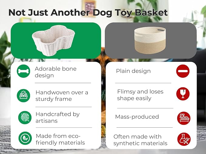 OtterPets Dog Toy Basket, Cotton Rope Bone Shaped Dog Toy Bin, 17x13” | Handmade dog toy box, dog toy storage, dog basket, basket for dog toys, dog storage, 17 x 13 in, natural cotton rope