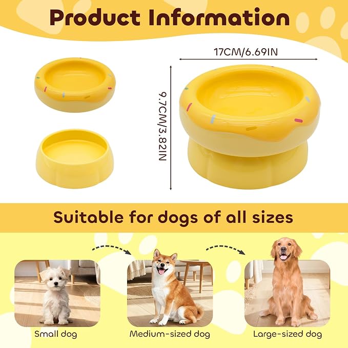 Donut Duo Ceramic Dog Bowl, Dog Water Bowl and Dog Food Bowl, Pet Bowls (Yellow)