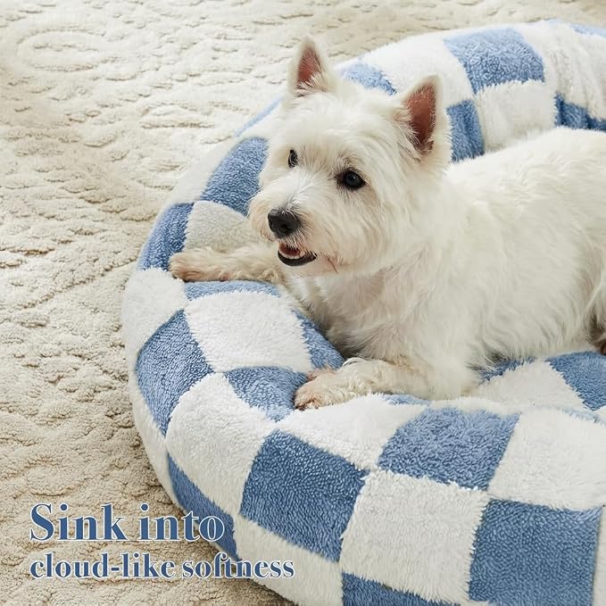 Ohocut Checkered Dog Bed, Cute Blue Retro Style Aesthetic Round Warming Pet Calming Beds for Small Dog and Cats, Plush Cozy Donut Dog Beds Washable, 30" L x 30" W x 8" Th
