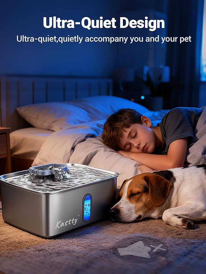 Kastty 3.96 Gal Dog Water Fountain for Large Dogs,15L Stainless Steel Large Pet Water Fountain, Ultra Quiet Automatic Dog Water Bowl Dispenser with Water Level Window and LED Light(FS78,Grey | Large Ultra Quiet Pet Water Fountain, Automatic Dog Water B...