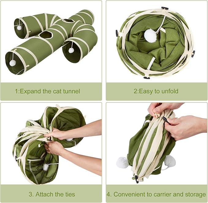 Ownpets Cactus Cat Tunnel 12" with Peek Holes for Indoor Large Cat, Green | Durable Oxford fabric, noise-free, foldable & connectable, multi-cat friendly, tube for cats up to 20lb, includes ball & wand