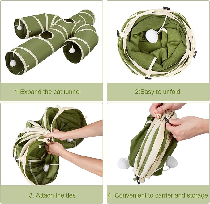 Ownpets Cactus Cat Tunnel 10" with Peek Holes for Indoor Large Cat, Green | Durable Oxford fabric, noise-free, foldable & connectable, multi-cat friendly, tube for cats up to 20lb, includes ball & wand