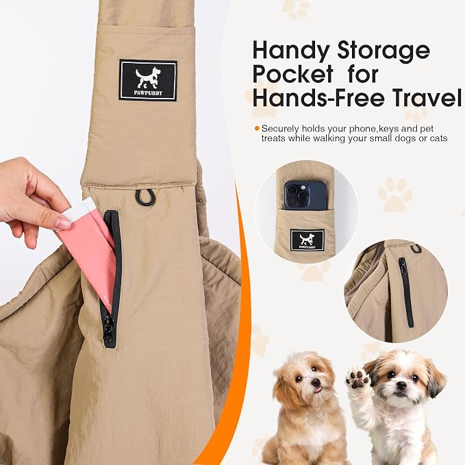 Dog Sling Carrier for Small Dogs & Cats 5-20 lbs, Adjustable Depth | Breathable Air Mesh Puppy Sling, Water-Resistant Travel Bag, Double Safety Leash, Machine Washable, Hands-Free Pouch, Caramel