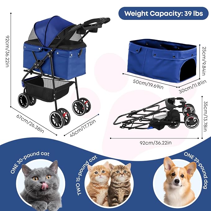 Pet Stroller,Dog Stroller for Small Medium Dogs Cats,3 Wheels,Navy Blue | Foldable,with Breathable Mesh Canopy,Cup Holders,Easy Assembly