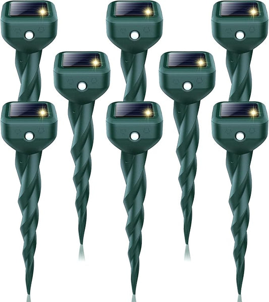 Mole Repellent Solar Powered, 8 Pack Snake & Skunk Repellent for Yard, IP 65 Waterproof Ultrasonic Deterrent Stakes, Get Rid for Rabbit, Gopher, Vole, Chipmunk, Deer, Groundhog for Lawns Garden