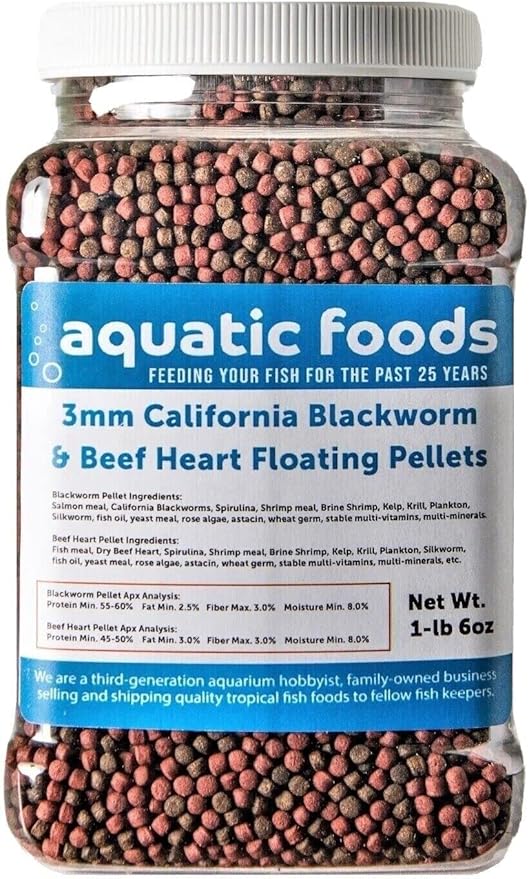 Aquatic Foods Inc. 3mm California Blackworm & Beef Heart Floating Pellets, for Discus, Cichlids All Tropicals, Koi and Pond Fish…1-lb & 6oz Med Jar