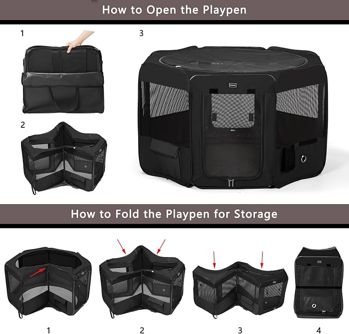 Dog Playpen Portable Pet Play Pens for Small Dog/Cat/Rabbit/Chicks, Cat Playpen Indoor/Outdoor with Carring Case, Removable Zipper Top and Bottom (Black, Medium (36"x36"x20"), 8)
