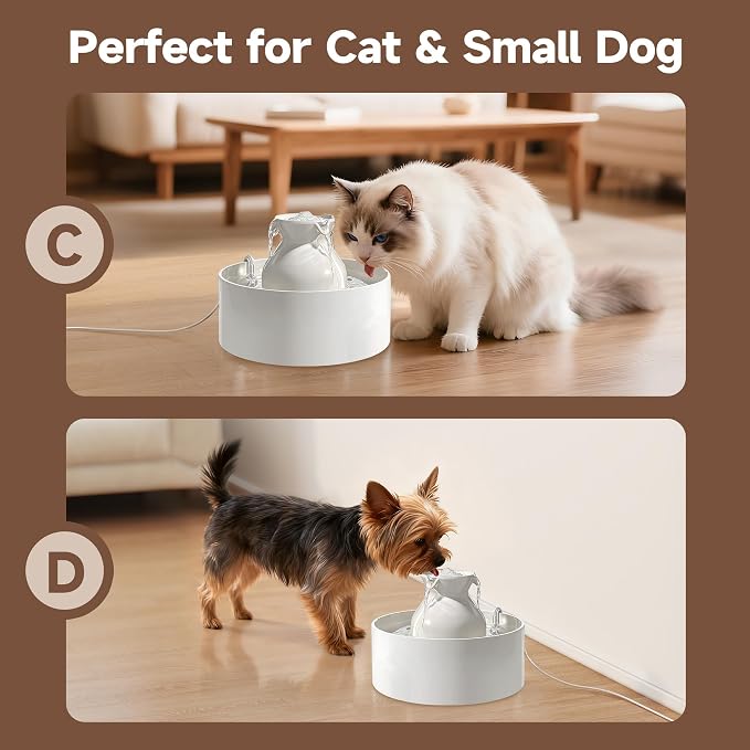 PETIMI Ceramic Cat Water Fountain, 3L/101 fl oz Ultra-Quiet Pet Water Fountain, Automatic Water Dispenser for Cats & Small Dogs, No Spill Cat Water Bowl, BPA-Free, 2 Filters Included, Easy to Clean