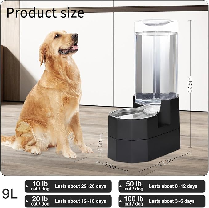 RIZZARI 9L Gravity Dog Water Dispenser: Elevated Filtered Station | Large Dogs & Seniors / Multi Layer Filtration / 304 Stainless Steel Bowl / Spill Resistant Base / Dishwasher Safe