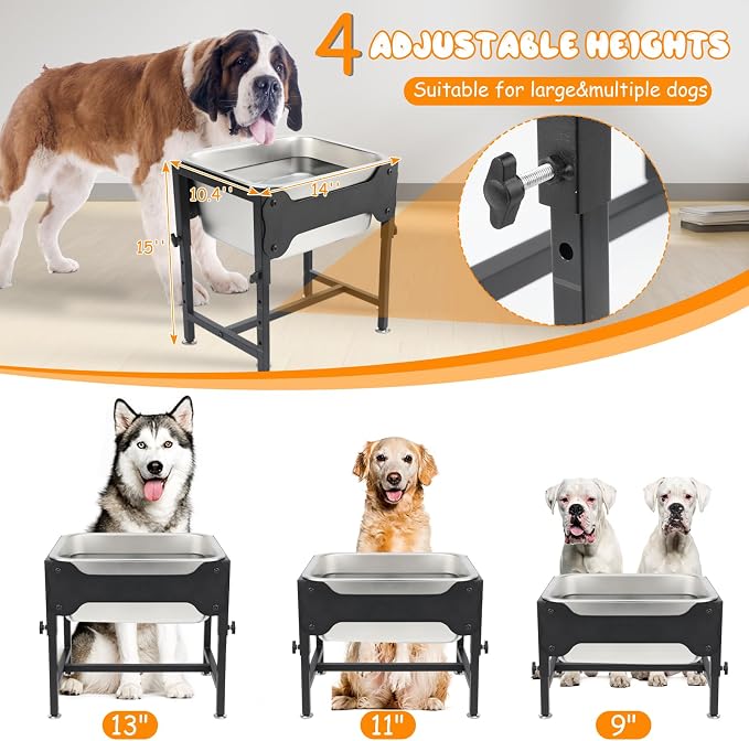 BWOGUE 3 Gal Elevated Dog Water Bowl, Stainless Steel Stand for Large Dogs | Raised Dog Water Bowl, 4 Adjustable Heights at 9/11/13/15 in, Non-Slip Base, Indoor/Outdoor Use, Joint Pressure Relief