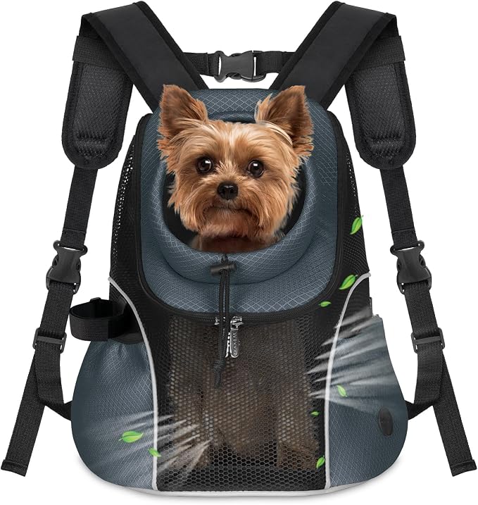 WOYYHO Pet Dog Carrier Backpack, Ventilated Mesh Small Dog Front Backpack | Breathable Puppy Back Pack, with Safety Belt, Storage Pockets, for Travel Hiking Cycling Outdoor Adventures, Dark Gray, M