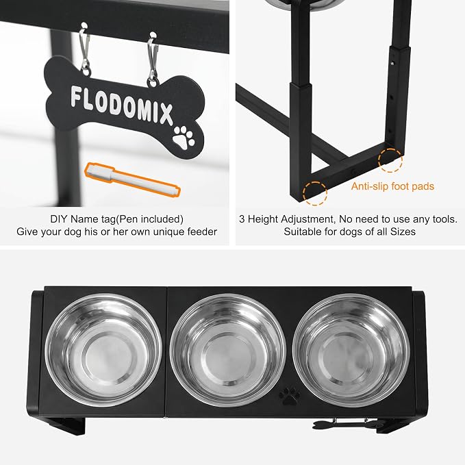 Metal Elevated Dog Bowls for Medium/Large Breed, 3 Adjustable Height(8.8''/11.5''/14'') Raised Dog Bowls Stand with Three 58oz Large Stainless Steel Dog Bowls, with The Splash pad