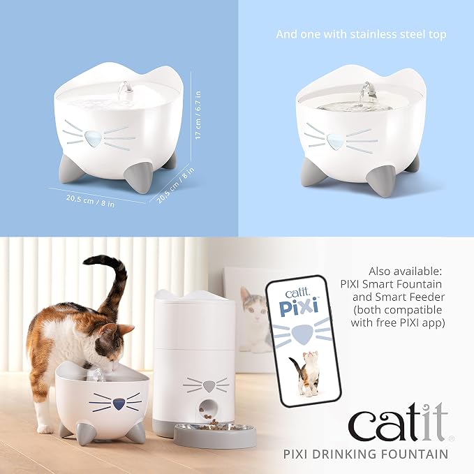 Catit PIXI Cat Drinking Fountain, Running Water Fountain, Pink | Cat Water Fountain with Triple Filter and Ergonomic Drinking Options