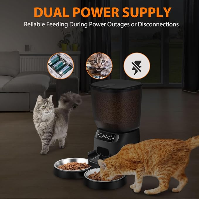 Automatic Cat Feeders for Two Cats, 5L/20 Cups Double Automatic Cat Food Dispenser with 2 Stainless Bowls, Timer Setting 20 Portions 6 Meals Per Day, 10s Meal Call (Black)