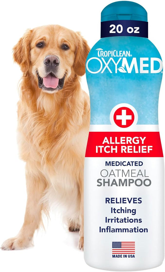 TropiClean OxyMed Dog Shampoo for Allergies and Itching, Gentle Moisturizing Oatmeal & Aloe Shampoo for Seasonal Allergies & Skin Irritants, 20oz