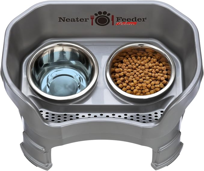 Neater Feeder Deluxe Mess-Proof Elevated Dog Bowls for Medium Dogs (19–40 lbs), 2 Height Adjustable (10” & 12.5”) No-Spill Raised Dog Bowl Stand, Stainless Steel Food Bowl Set, Made in USA, Gunmetal