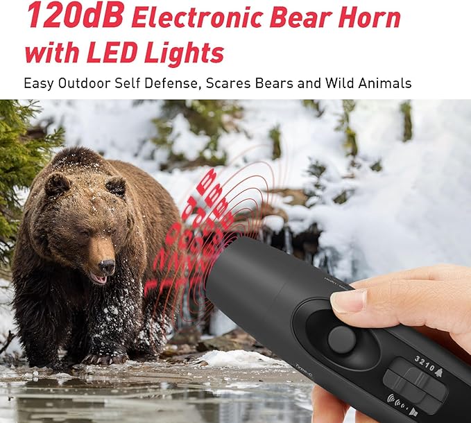 StarWorld Rechargeable Bear Horn - 120dB Electronic Air Horn for Bears with 4 Volume Levels & 3 Tones, Audible 0.5 Miles, LED Safety Light for Hiking, Camping, Wildlife Defense (Black)