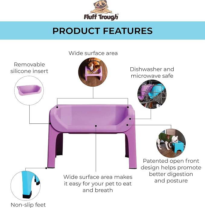 Fluff Trough Elevated Dog Bowl for Food | 5inch Tall Cat & Dog Feeding Station | Vet Approved Non-Toxic Silicone Feeder Bowl Insert | Raised Bowl for Medium and Small Dog/Pet with Flat Face (Purple)