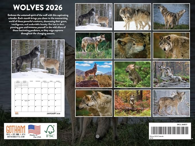 Wolf Calendar 2026 Wolves Monthly Wall Calender 12 Month | American Made In The USA