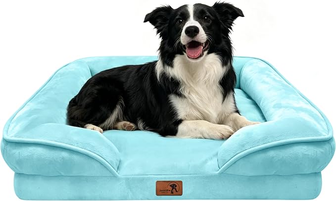 Spotted Play Orthopedic Dog Bed with Sides - Sofa Beds for Large Dogs, Supportive Foam Pet Couch Bed with Washable Removable Cover, Waterproof Lining and Non-Slip Bottom, Ice Blue - L