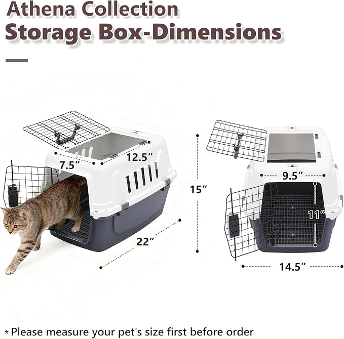 Athena Collection 22" Hard-Sided Travel Pet Carrier for Small Dogs and Cats | Plastic Dog Crate with 2-Door Top & Front Load, Ventilation, Security Lock, Cat Dog Carrier for Pet, up to 22lbs, Grey