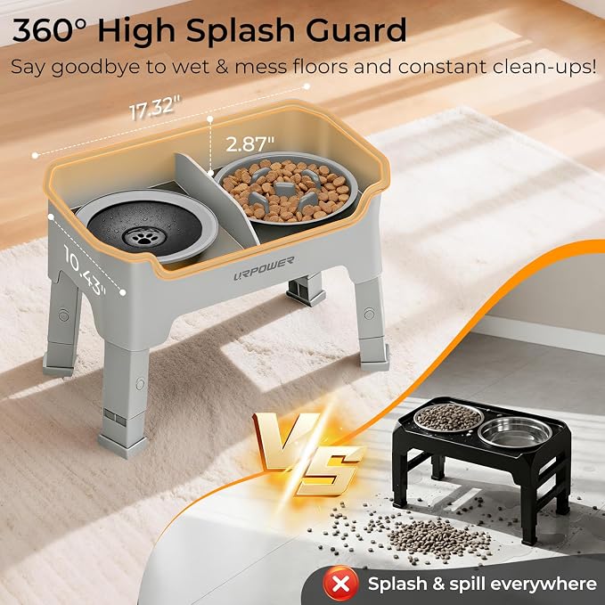 URPOWER Mess Proof Elevated Dog Bowls 4 Height Adjustable Raised Stand | No Spill Water Bowl, Slow Feeder Dog Bowls, Non-Slip Food and Water Bowl Set for Small, Medium & Large Dogs