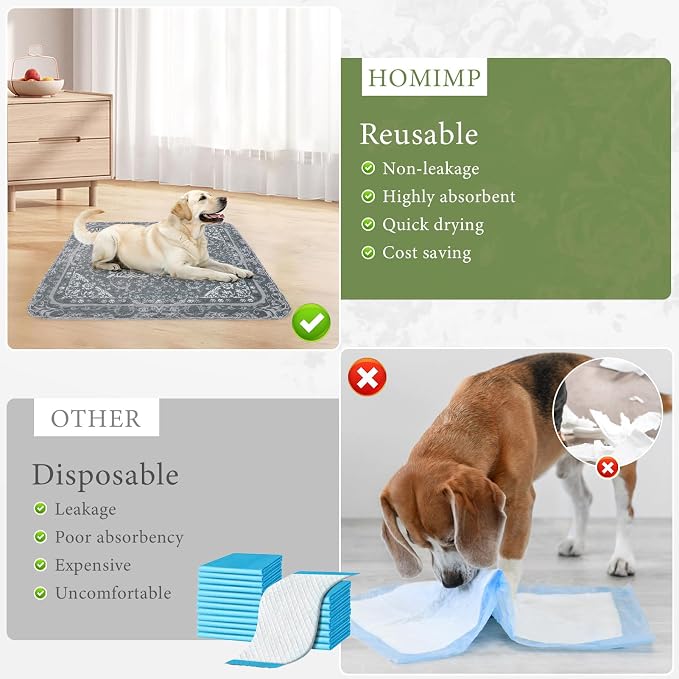 Homimp Washable Pee Pads for Dogs, 2 Pack Reusable Puppy Pads Waterproof, Absorbent and Leakproof Dog Pee Pads, Non Slip Puppy Training Pads, Pet Mat for Floor, Crate, Couch, Whelping,Grey, 24"x36"