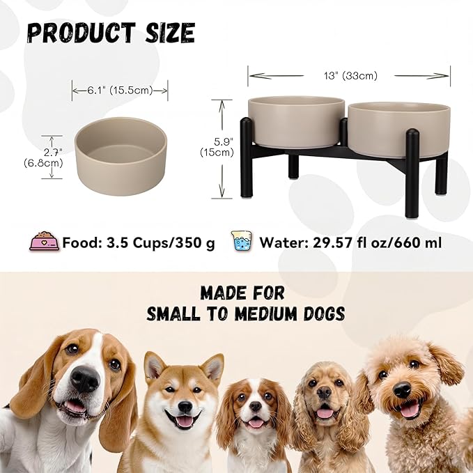 Raised Ceramic Dog Bowl Set with Stand, 3.5 Cups Elevated Dog Food Stand | 6.1'' Double Dog Food and Water Bowl Set, Non-Slip Dog Feeding Dishes for Small to Medium Breeds, 29.57 OZ, Grey