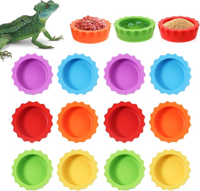 12 Pack Crested Gecko Food Dish Small Silicone Reptile Feeding Cups Water Bowl, Easy Clean Crested Gecko Tank Accessories for Hermit Crab, Tarantula, Isopods, Snails and Lizard(6 Colors)