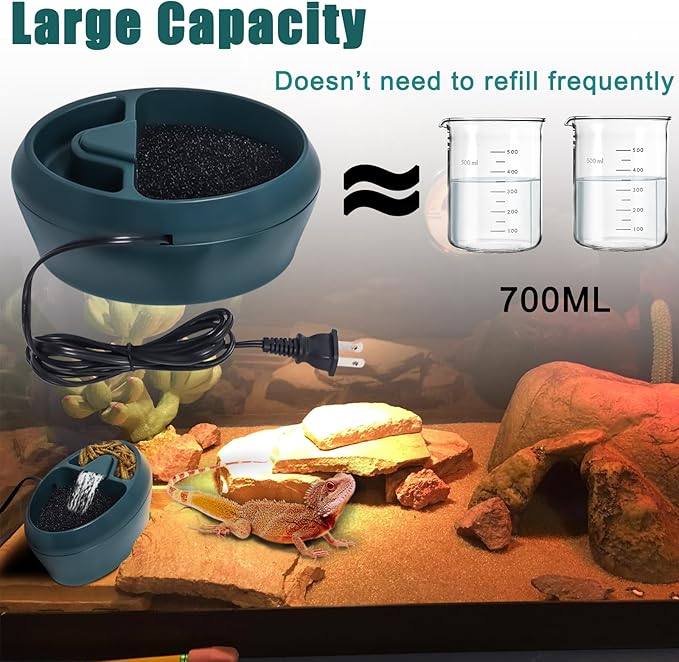 Reptile Waterfall Fountain & Feeder - Automatic Water Dispenser, Food Trough for Chameleon, Bearded Dragon, Turtle, Snake, Frog, Gecko